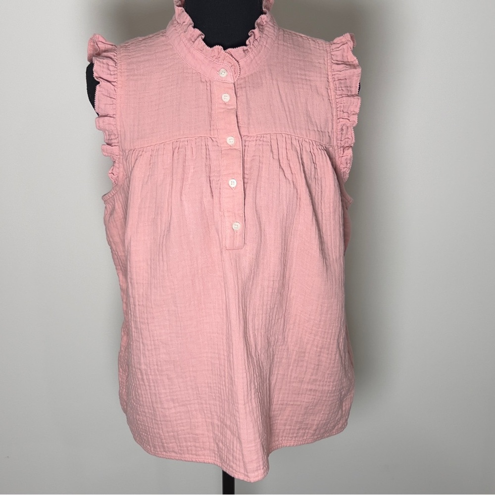 J. Crew Light Pink Ruffle Sleeveless Button Soft Cotton Blouse Medium Women’s - Picture 13 of 16